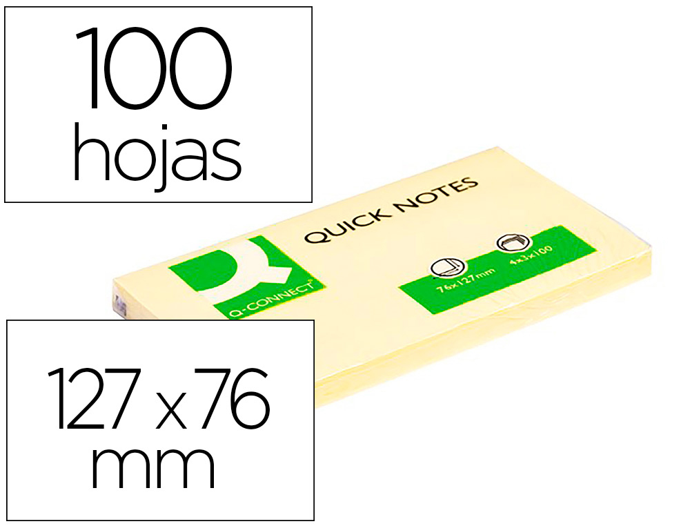 BLOC DE NOTAS ADHESIVAS QUITA Y PON Q-CONNECT 75X125 MM CON 100 HOJAS