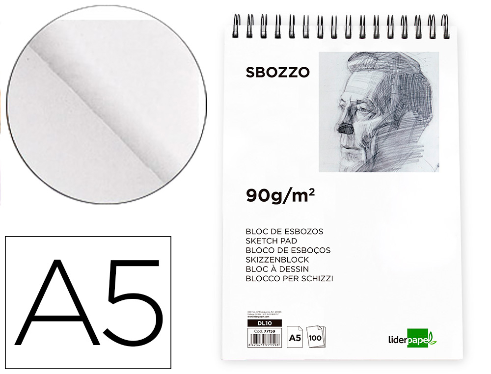 BLOC DIBUJO LIDERPAPEL ESBOZOS ESPIRAL A5 148X210MM 100 HOJAS 90G/M2 SIN RECUADRO