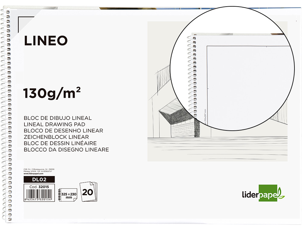 BLOC DIBUJO LIDERPAPEL LINEAL ESPIRAL 230X325MM 20 HOJAS 130G/M2 CON RECUADRO PERFORADO