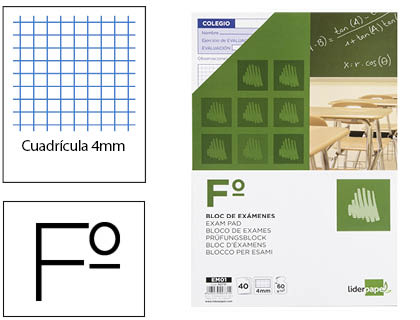 BLOC EXAMENES LIDERPAPEL CUADRO 4MM FOLIO 40 HOJAS 60G/M2