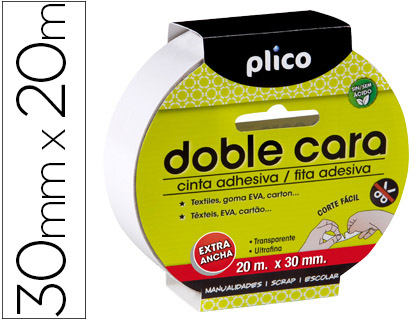 CINTA ADHESIVA PLICO DOBLE CARA 30MM X 20M