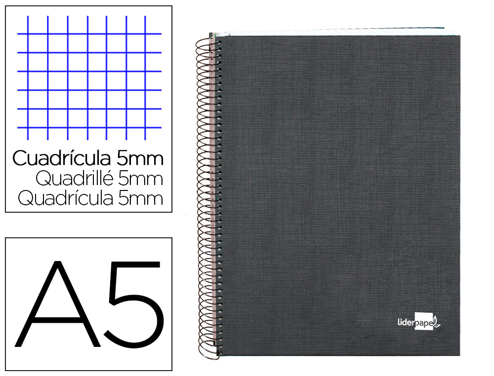 CUADERNO ESPIRAL LIDERPAPEL A5 MICRO PAPERCOAT TAPA FORRADA 140H 80 GR CUADRO5MM 5 BANDAS 6 TALADROS NEGRO