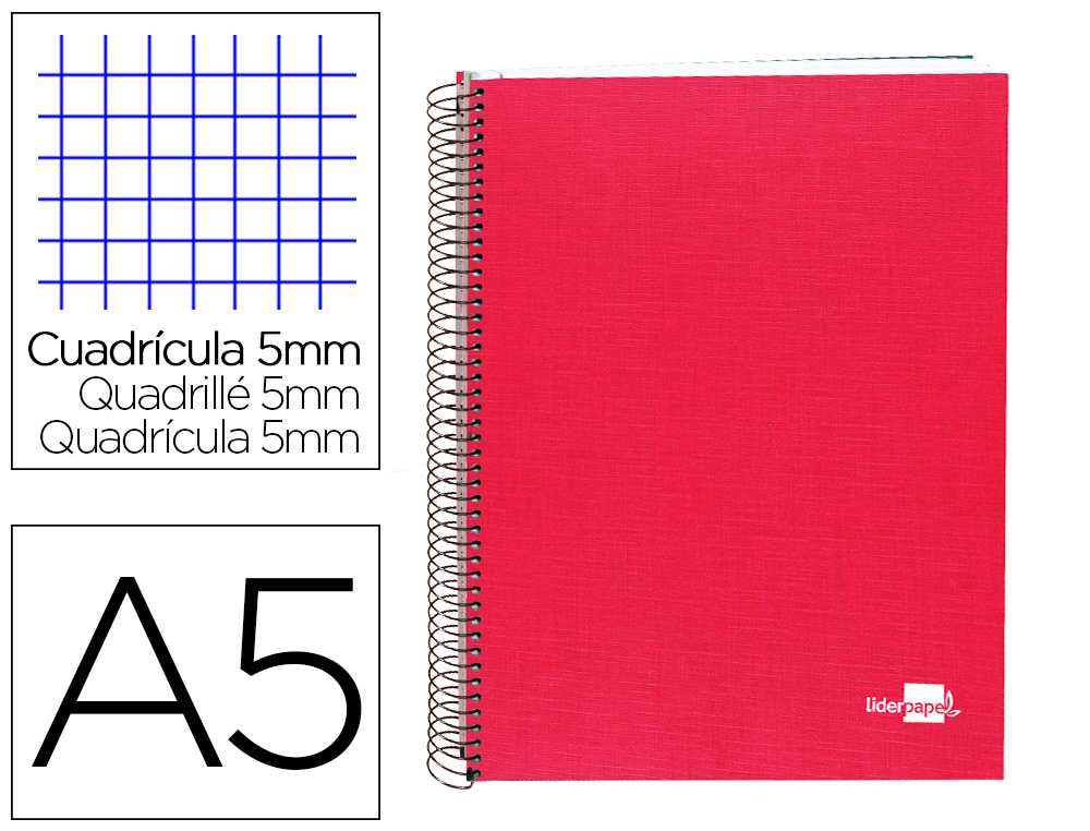 CUADERNO ESPIRAL LIDERPAPEL A5 MICRO PAPERCOAT TAPA FORRADA 140H 80 GR CUADRO5MM 5 BANDAS 6 TALADROS ROJO