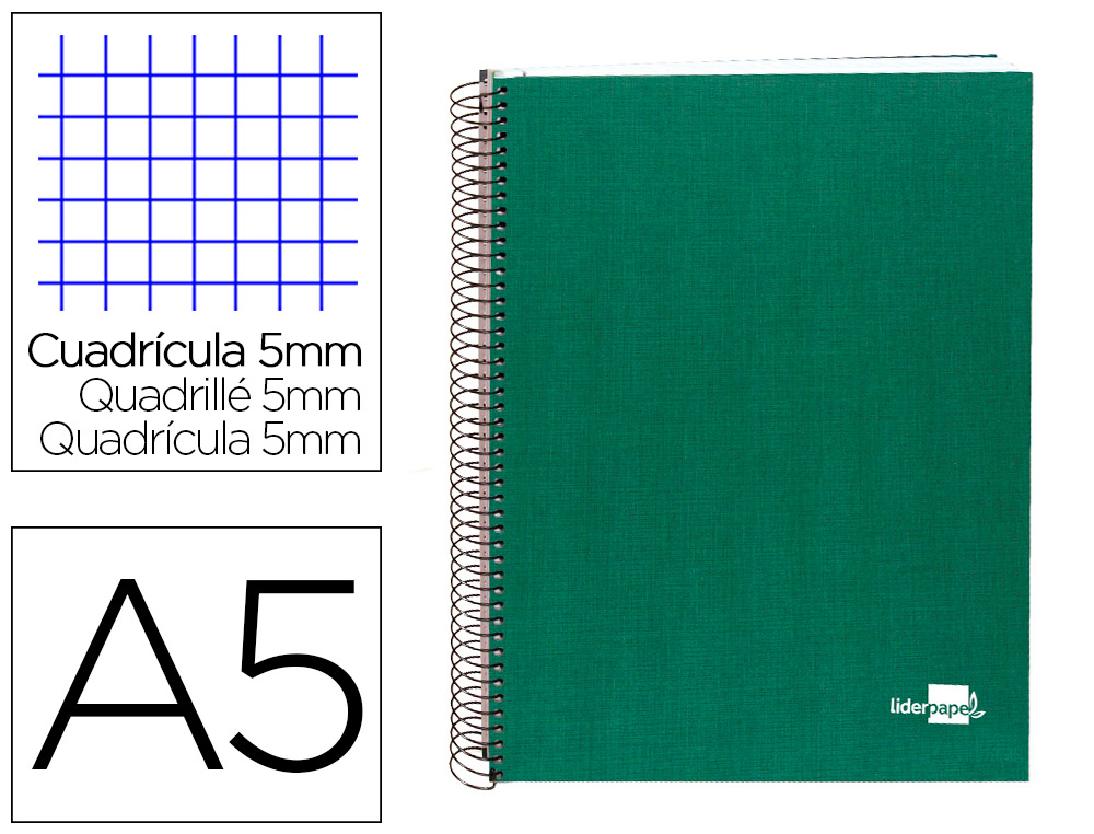 CUADERNO ESPIRAL LIDERPAPEL A5 MICRO PAPERCOAT TAPA FORRADA 140H 80 GR CUADRO5MM 5 BANDAS 6 TALADROS VERDE