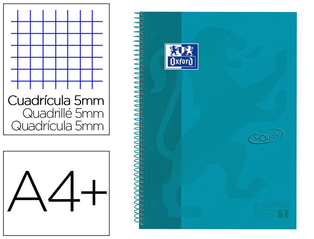 CUADERNO ESPIRAL OXFORD EBOOK 1 TAPA EXTRADURA DIN A4+ 80 H CUADRICULA 5 MM AQUA INTENSO TOUCH