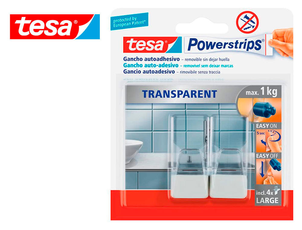 GANCHO AUTOADHESIVO TESA POWERSTRIPS GRANDE TRANSPARENTE/ACERO + TIRAS SUJECION HASTA 1 KG