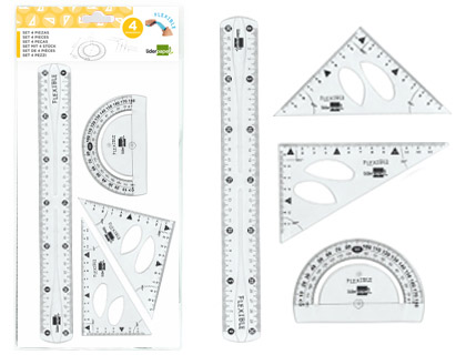 JUEGO ESCUADRA 10 CM CARTABON 14 CM REGLA 30 CM Y SEMICIRC. PLASTICO FLEXIBLE EN PETACA LIDERPAPEL TRANSPARENTE