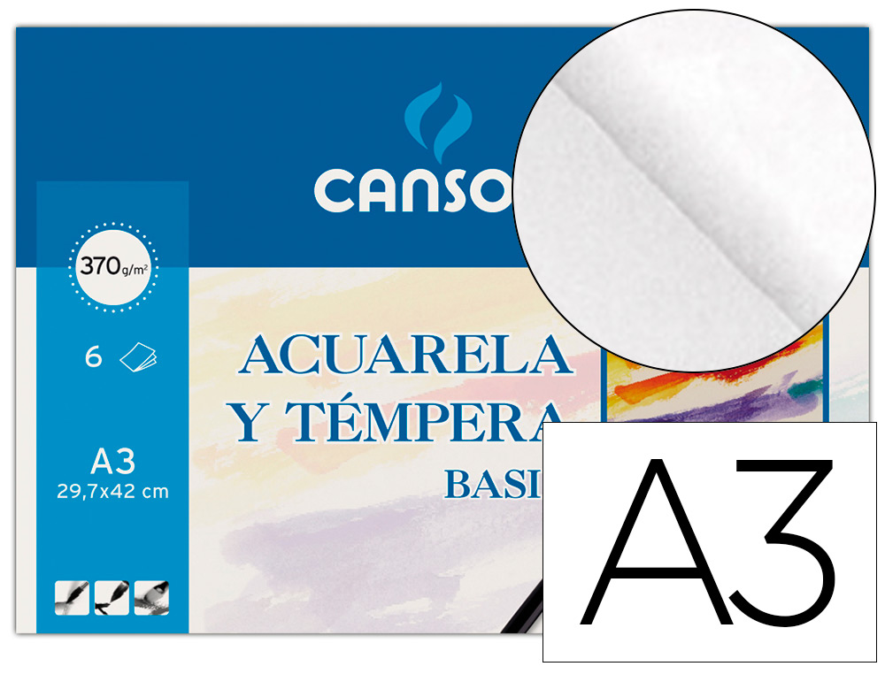 PAPEL ACUARELA BASIK CANSON DIN A3 370 GR PACK DE 6 HOJAS