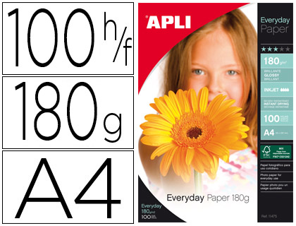 PAPEL FOTOGRAFICO APLI GLOSSY DIN A4 PACK 100 HOJAS DE 180 GRS