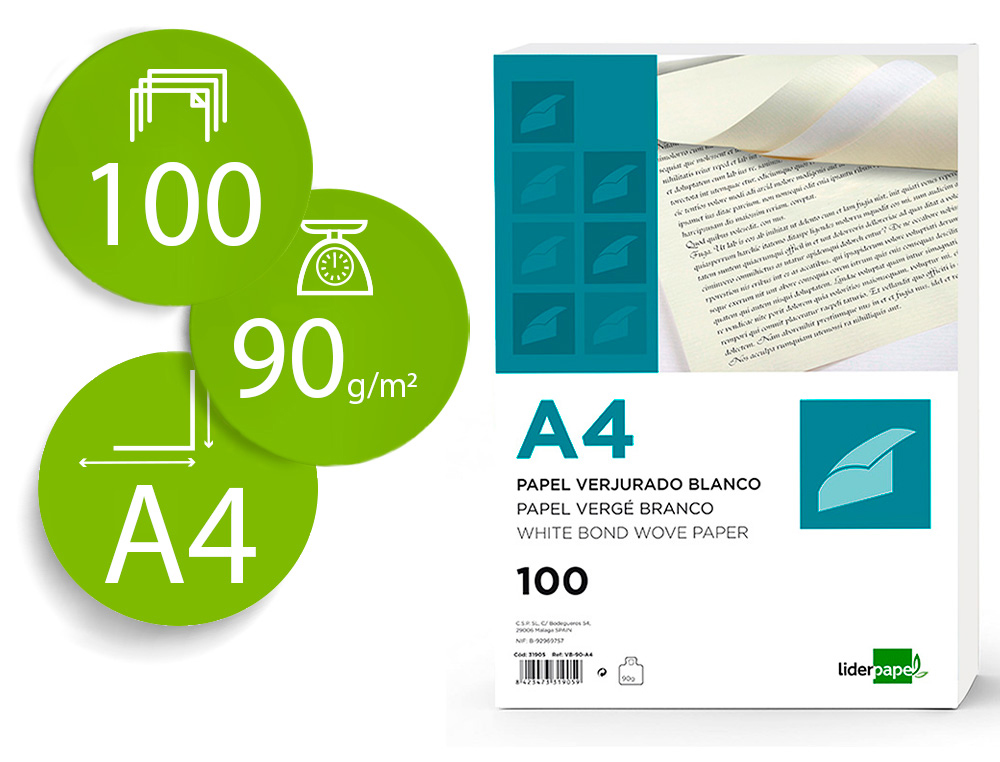 PAPEL VERJURADO LIDERPAPEL A4 120G/M2 BLANCO PAQUETE DE 100