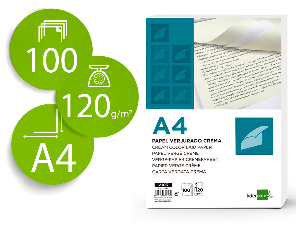 PAPEL VERJURADO LIDERPAPEL A4 120G/M2 CREMA PAQUETE DE 100