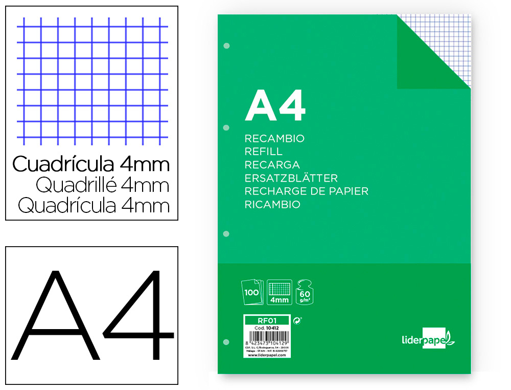 RECAMBIO LIDERPAPEL FOLIO 100 HOJAS 60G/M2CUADRO 4MM CON MARGEN 4 TALADROS