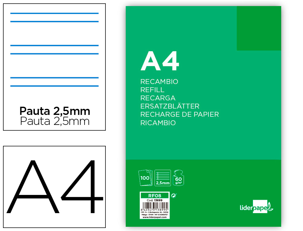 RECAMBIO LIDERPAPEL FOLIO 100 HOJAS 60G/M2PAUTA 5ª 2.5MM CON MARGEN 4 TALADROS