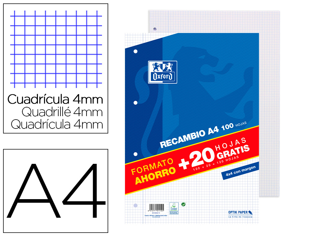 RECAMBIO OXFORD DIN A4 100 + 20 HOJAS GRATIS 90 GR CUADRO 4 MM 4 TALADROS