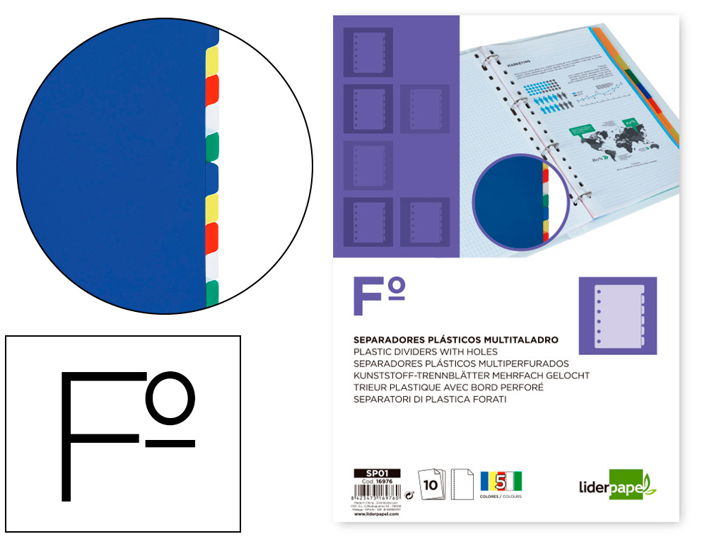 SEPARADOR LIDERPAPEL PLASTICO JUEGO DE 10 SEPARADORES FOLIO 16 TALADROS