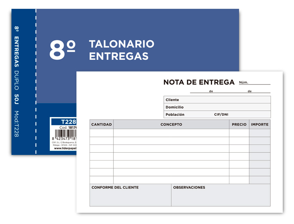 TALONARIO LIDERPAPEL ENTREGAS 8º ORIGINAL Y COPIA T228 APAISADO