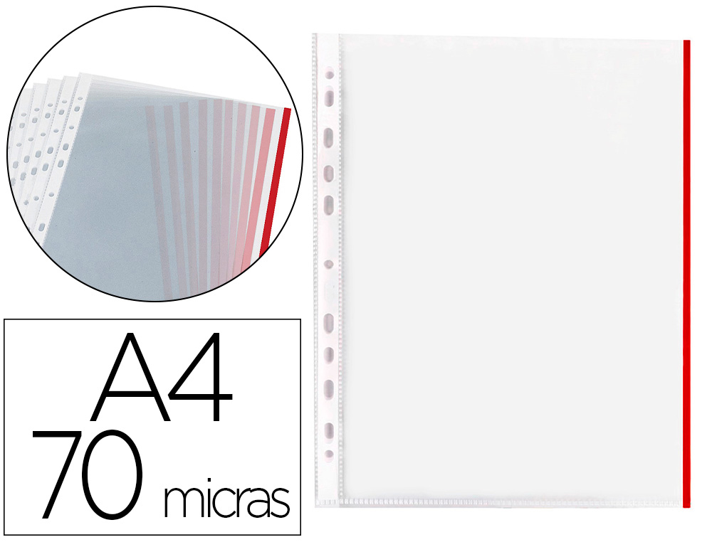 FUNDA MULTITALADRO Q-CONNECT DIN A4 70 MICRAS PP CRISTAL CON BORDE ROJO BOLSA DE 10 UDS