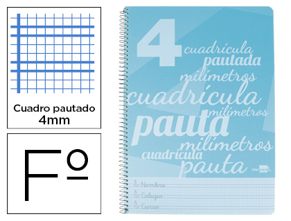 CUADERNO ESPIRAL LIDERPAPEL FOLIO PAUTAGUIA TAPA PLASTICO 80H 80GR CUADRO PAUTADO 4MM CON MARGEN COLOR AZUL