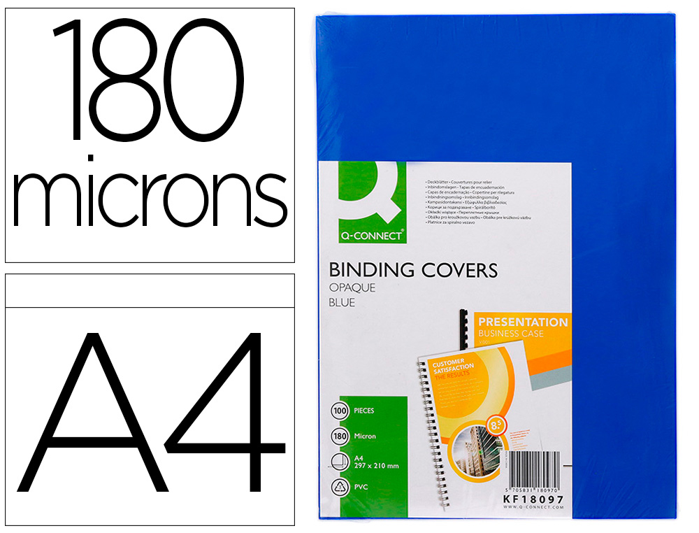 TAPA DE ENCUADERNACION Q-CONNECT PVC DIN A4 OPACA AZUL 180 MICRAS CAJA DE 100 UNIDADES