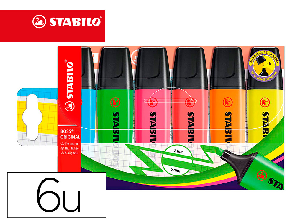 ROTULADOR STABILO BOSS ORIGINAL FLUORESCENTE 70 ESTUCHE DE 6 UNIDADES SURTIDAS