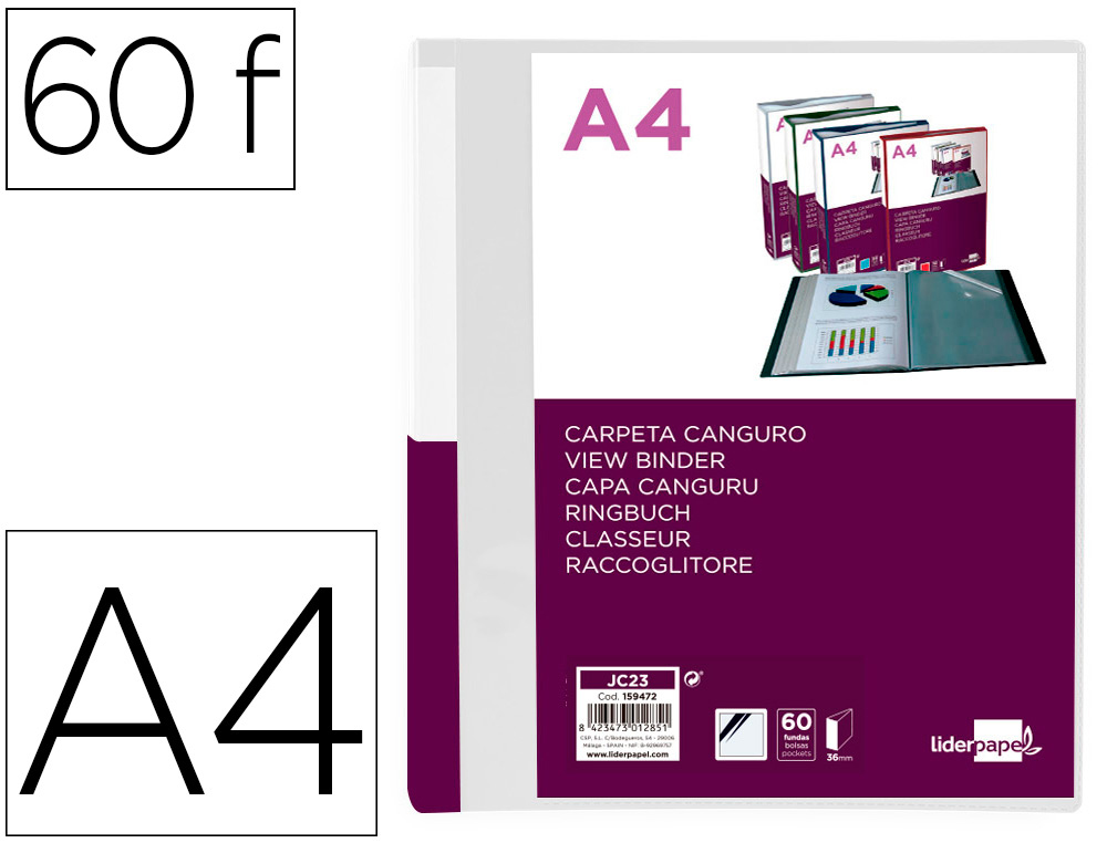 CARPETA LIDERPAPEL 60 FUNDAS CANGURO PP DIN A4 TRANSPARENTEPORTADA Y LOMO PERSONALIZABLE