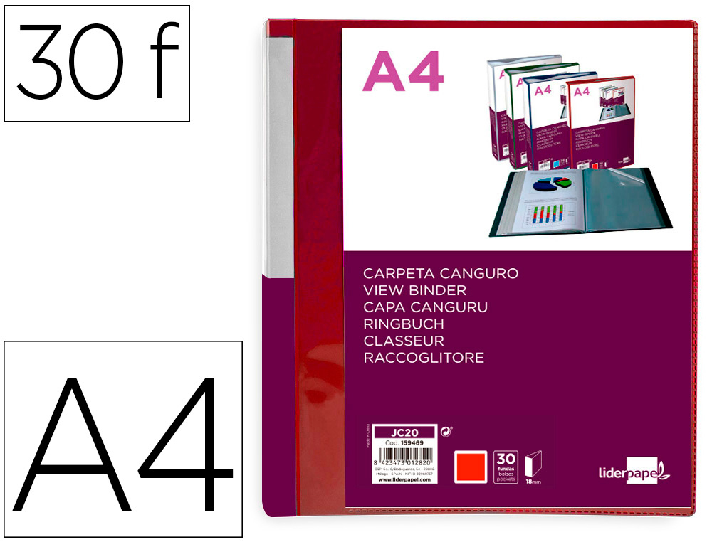 CARPETA LIDERPAPEL 30 FUNDAS CANGURO PP DIN A4 ROJO TRANSLUCIDO PORTADA Y LOMO PERSONALIZABLE