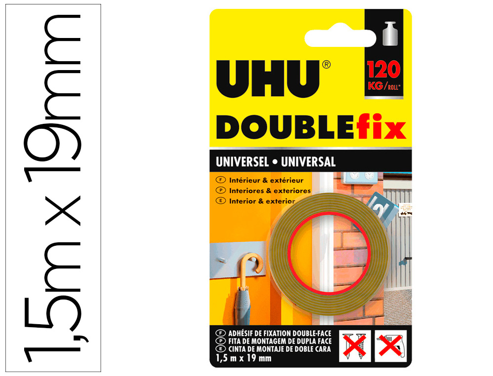 CINTA ADHESIVA UHU DOUBLEFIX MARRON DOBLE CARA EXTRA FUERTE 1,5 M X 19 MM