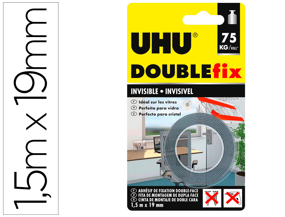 CINTA ADHESIVA UHU DOUBLEFIX INVISIBLE DOBLE CARA EXTRA FUERTE 1,5 M X 19 MM