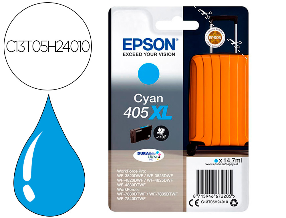 INK-JET EPSON 405 XL WF-3820DWF / WF-4820DWF / WF-7830DTWF / WF-7840DTWF ALTA CAPACIDAD CIAN