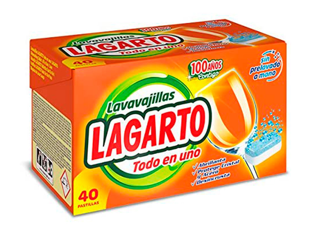 PASTILLA LAVAVAJILLAS LAGARTO TODO EN UNO ABRILLANTA DESINCRUSTA Y PROTEGE SIN PRELAVADO CAJA DE 40 UNIDADES