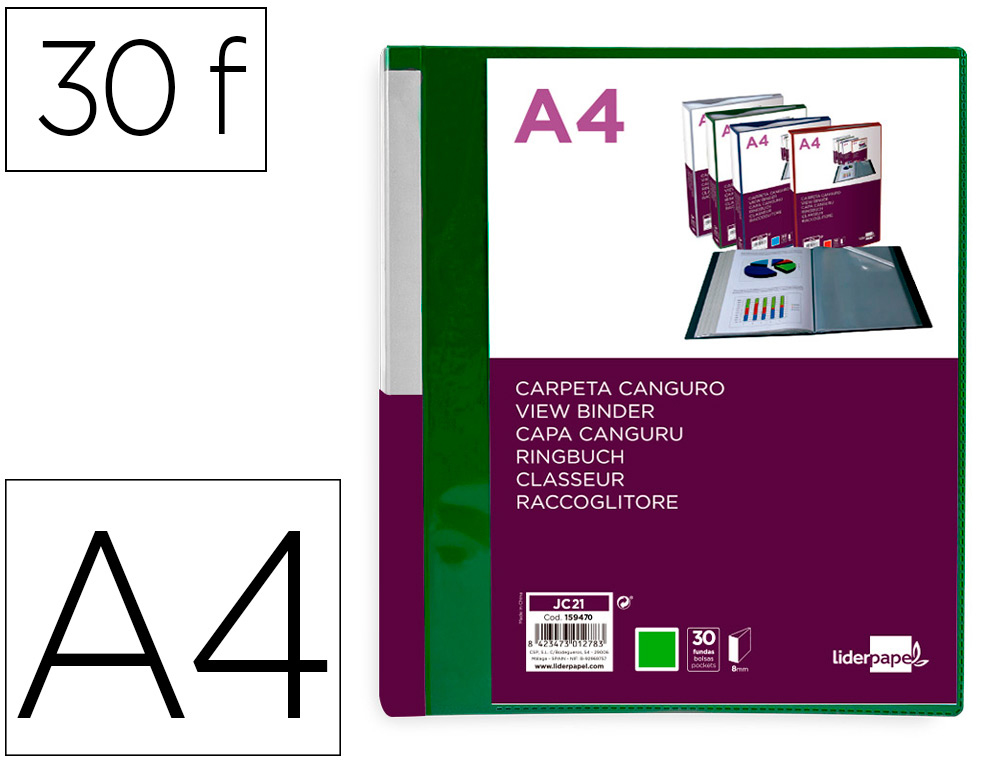 CARPETA LIDERPAPEL 30 FUNDAS CANGURO PP DIN A4 VERDE TRANSLUCIDO PORTADA Y LOMO PERSONALIZABLE