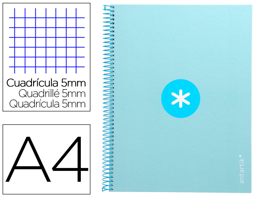 CUADERNO ESPIRAL LIDERPAPEL A4 MICRO ANTARTIK TAPA FORRADA 80H 90 GR CUADRO 5MM 1 BANDA 4 TALADROS CELESTE