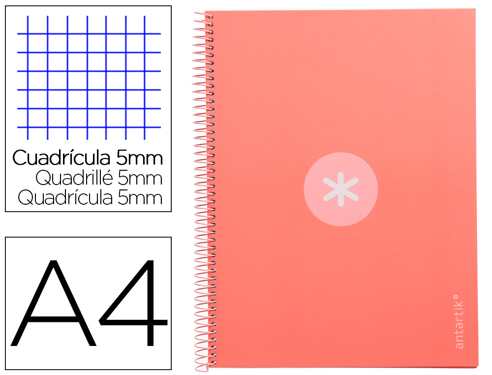 CUADERNO ESPIRAL LIDERPAPEL A4 MICRO ANTARTIK TAPA FORRADA 80H 90 GR CUADRO 5MM 1 BANDA 4 TALADROS ROSA CLARO