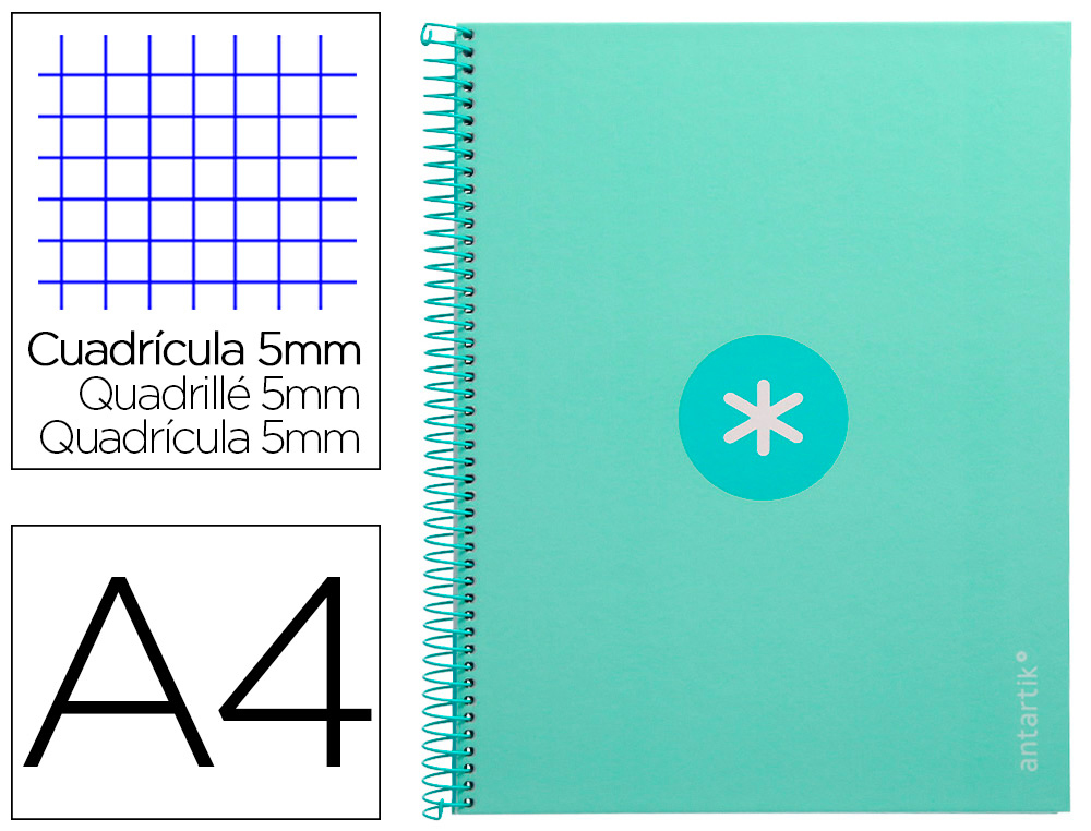 CUADERNO ESPIRAL LIDERPAPEL A4 MICRO ANTARTIK TAPA FORRADA 80H 90 GR CUADRO 5MM 1 BANDA 4 TALADROS MENTA