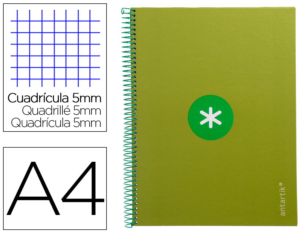 CUADERNO ESPIRAL LIDERPAPEL A4 MICRO ANTARTIK TAPA FORRADA 80H 90 GR CUADRO 5MM 1 BANDA 4 TALADROS VERDE