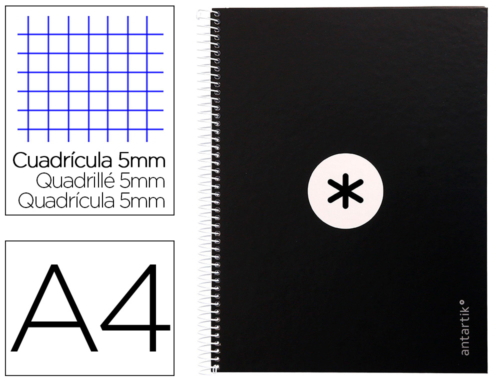 CUADERNO ESPIRAL LIDERPAPEL A4 MICRO ANTARTIK TAPA FORRADA 80H 90 GR CUADRO 5MM 1 BANDA 4 TALADROS NEGRO