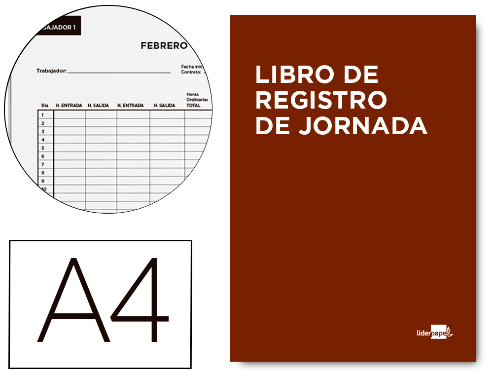 LIBRO LIDERPAPEL REGISTRO DE JORNADA EMPLEADOS 2021 DIN A4 10 EMPLEADOS MES PAGINA PAPEL BLANCO 90 GR