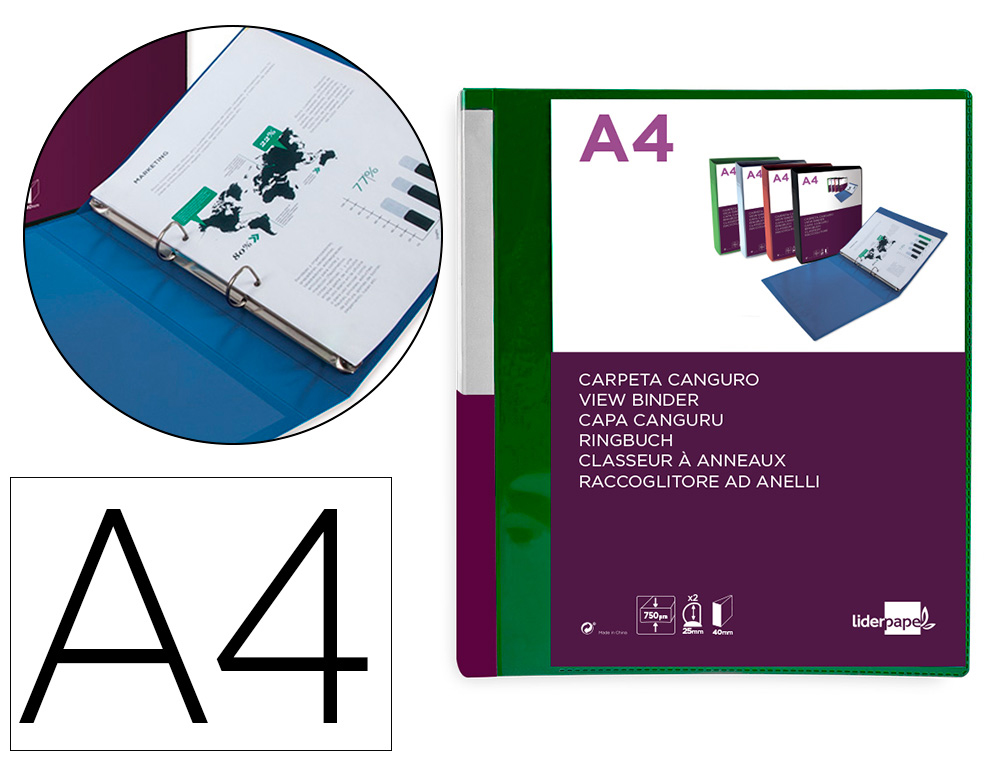 CARPETA LIDERPAPEL CANGURO 2 ANILLAS 25 MM MIXTAS POLIPROPILENO DIN A4 VERDE TRANSLUCIDO