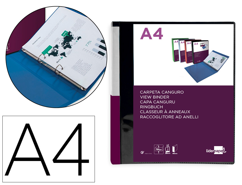 CARPETA LIDERPAPEL CANGURO 2 ANILLAS 25 MM MIXTAS POLIPROPILENO DIN A4 NEGRO OPACO