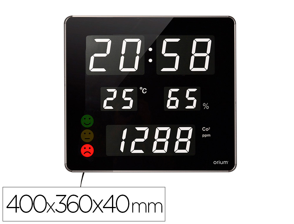 RELOJ ORIUM CEP CON MEDIDOR DE CO2 PANTALLA LED ALARMA PERSONALIZABLE Y SENSOR DE INFRARROJOS 400X360X40 MM