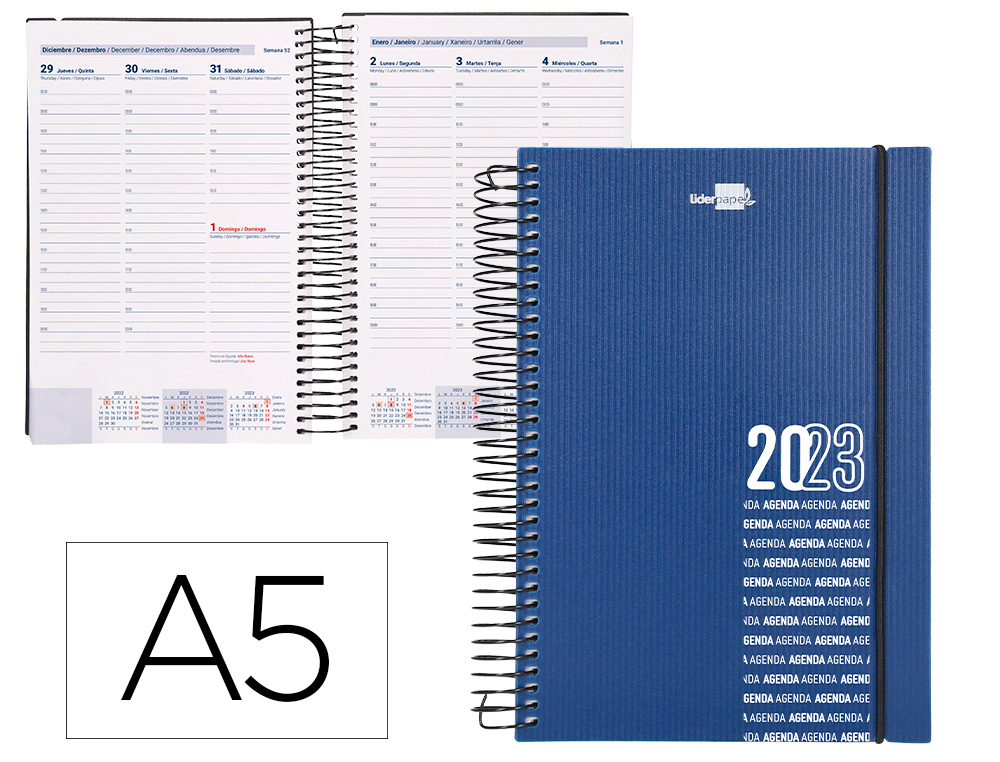 AGENDA ESPIRAL LIDERPAPEL OLBIA 15X21 CM 2023 SEMANA VISTA TAPA POLIPROPILENO METALIZADO AZUL PAPEL 60 GR