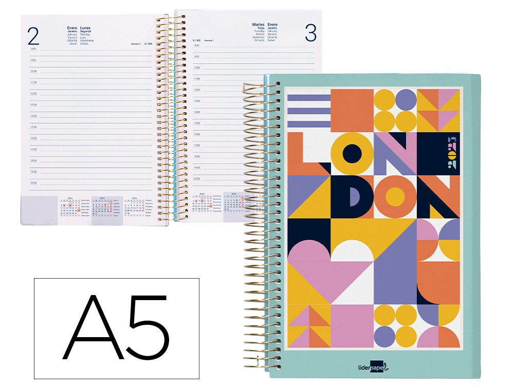 AGENDA ESPIRAL LIDERPAPEL GAZI A5 2023 DIA PAGINA PORTADA POLIPROPILENO PAPEL 70 GR LONDON