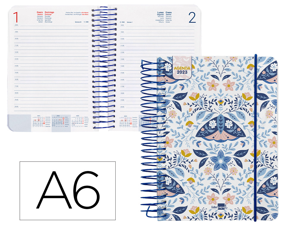 AGENDA ESPIRAL LIDERPAPEL SANTORINI 10,5X14,8 CM 2023 DIA PAGINA PAPEL 60 GR MARIPOSAS