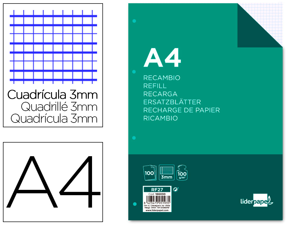 RECAMBIO LIDERPAPEL A4 100 HOJAS 100G/M2 CUADRO 3MM CON MARGEN 4 TALADROS