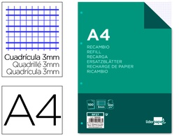 [RF27] RECAMBIO LIDERPAPEL A4 100 HOJAS 100G/M2 CUADRO 3MM CON MARGEN 4 TALADROS